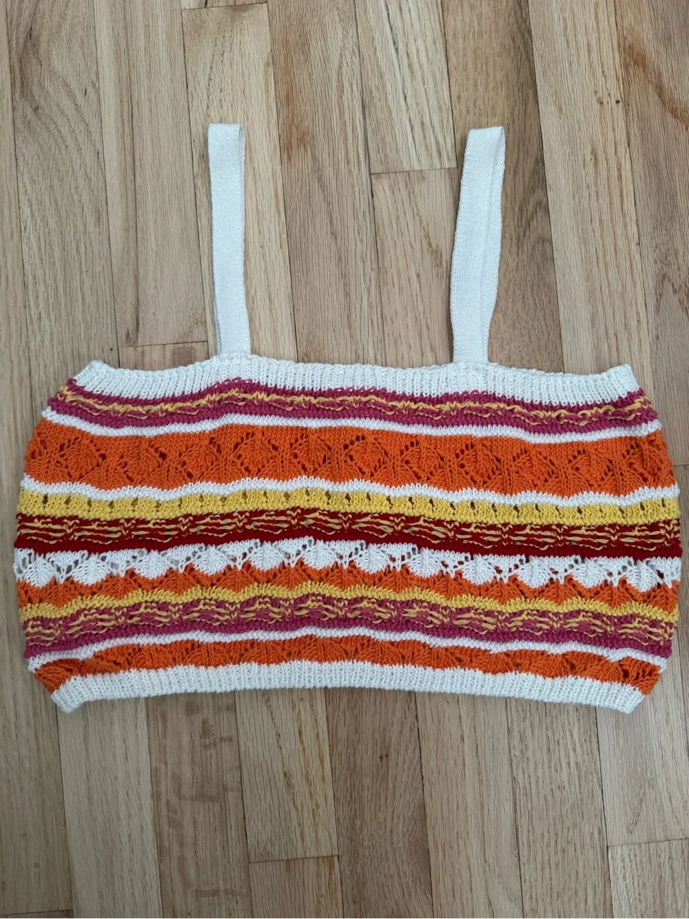 NWOT Zara White Striped Crochet Knit Crop Top with Orange & Yellow Accents